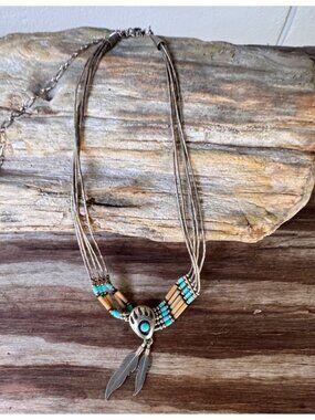 Southwestern Bear Paw Necklace STG 925 Clasp 16-18” Turquoise Feather